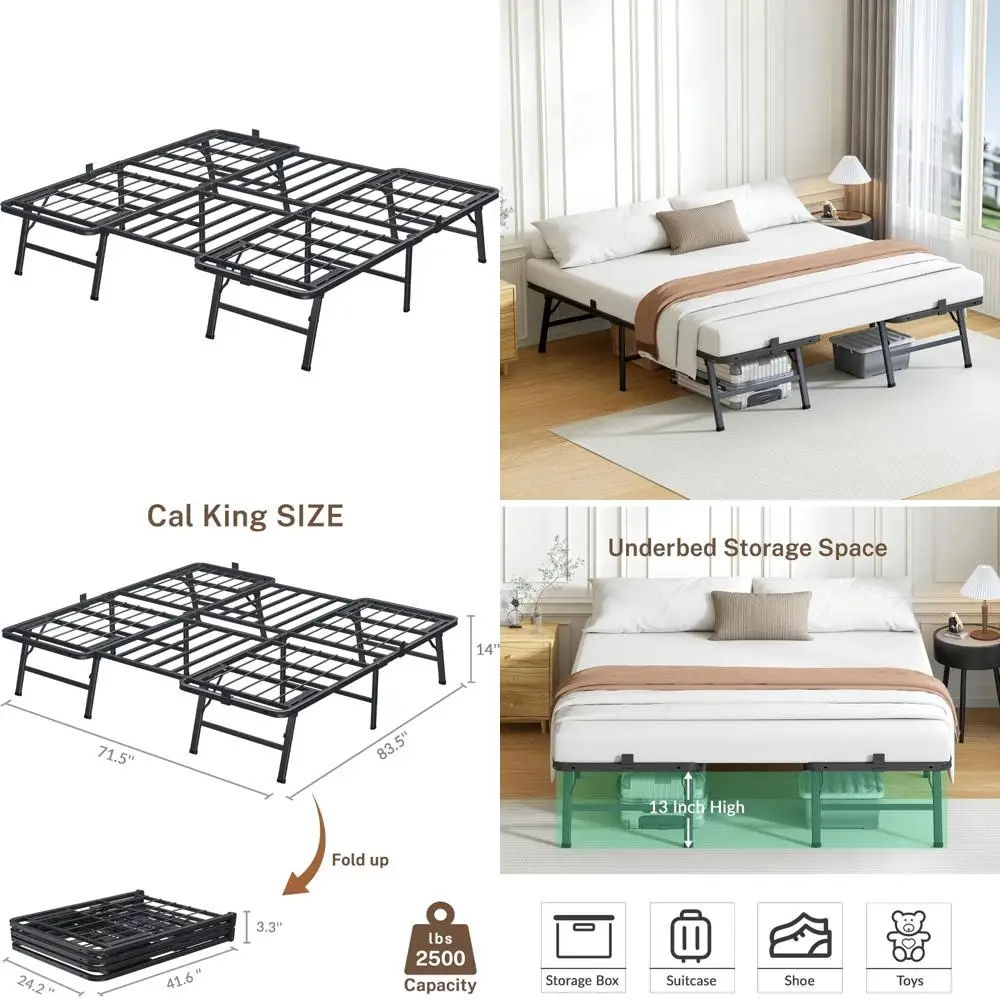 

14 Inch High California King Metal Bed Frame - Easy Assembly Folding Bed with Mattress Support, No Box Spring Needed