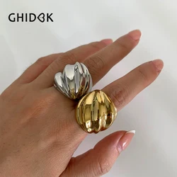 GHIDBK Hip-Hop Punk Stainless Steel Thread Wave Chunky Dome Wide Rings for Women Men Anti-Tarnish Statement Jewelry 2024 New