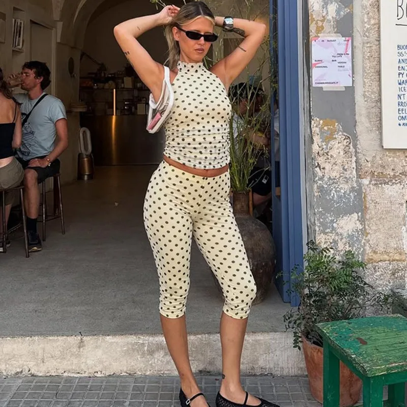 

Tuularose Women's Polka Dot Pants 2-piece Set Fashion Vintage Vest Top Slim Pants Suit Casual Summer Streetwear Women Pants Suit
