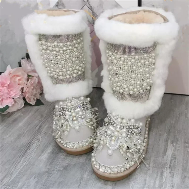 Beaver Rabbit wool heavy work diamond fur one snow boots handmade custom plus-size women party party thick-padded shoes 35-44