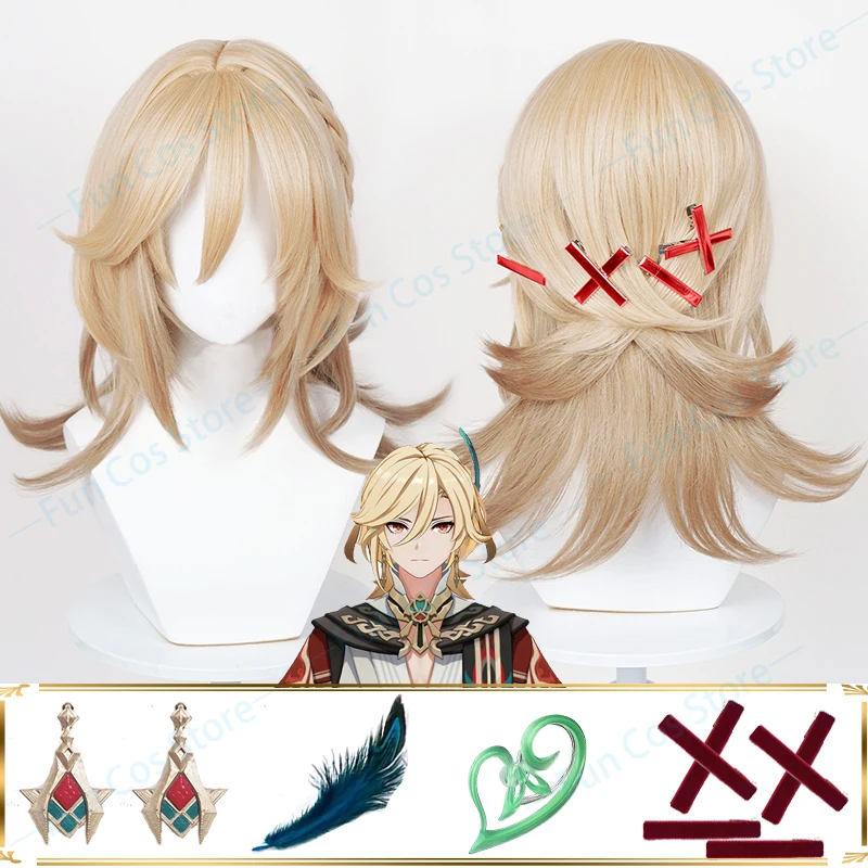 Kaveh Cosplay Wig Akasha Terminal Ear clips Hairpins Feather Game Genshin Impact Golden Brown Gradient Hair Fiber Hair + Wig Cap