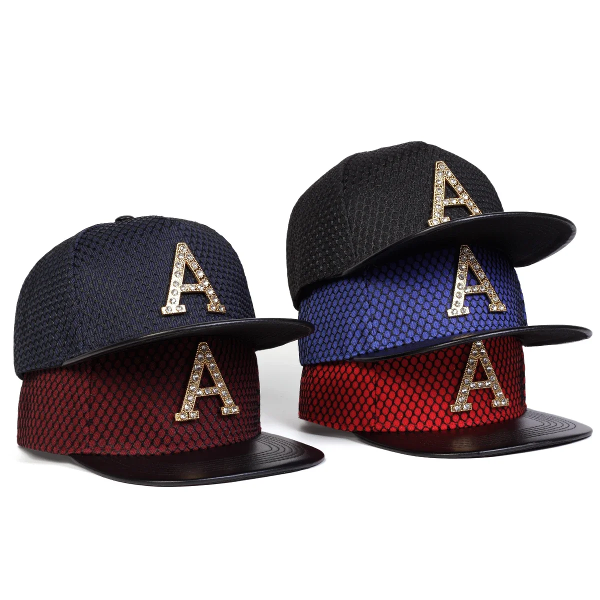 Unisex Metal Strip Drill A Letter Label Mesh Hip Hop Hat Outdoor Adjustable Casual Baseball Caps Sunscreen Hat