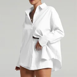 Cotton Linen Women's Loose Solid Color Long Sleeved Collared Shirt+Elastic Waist Shorts Casual Vacation 2-Piece Sets 신상투피스