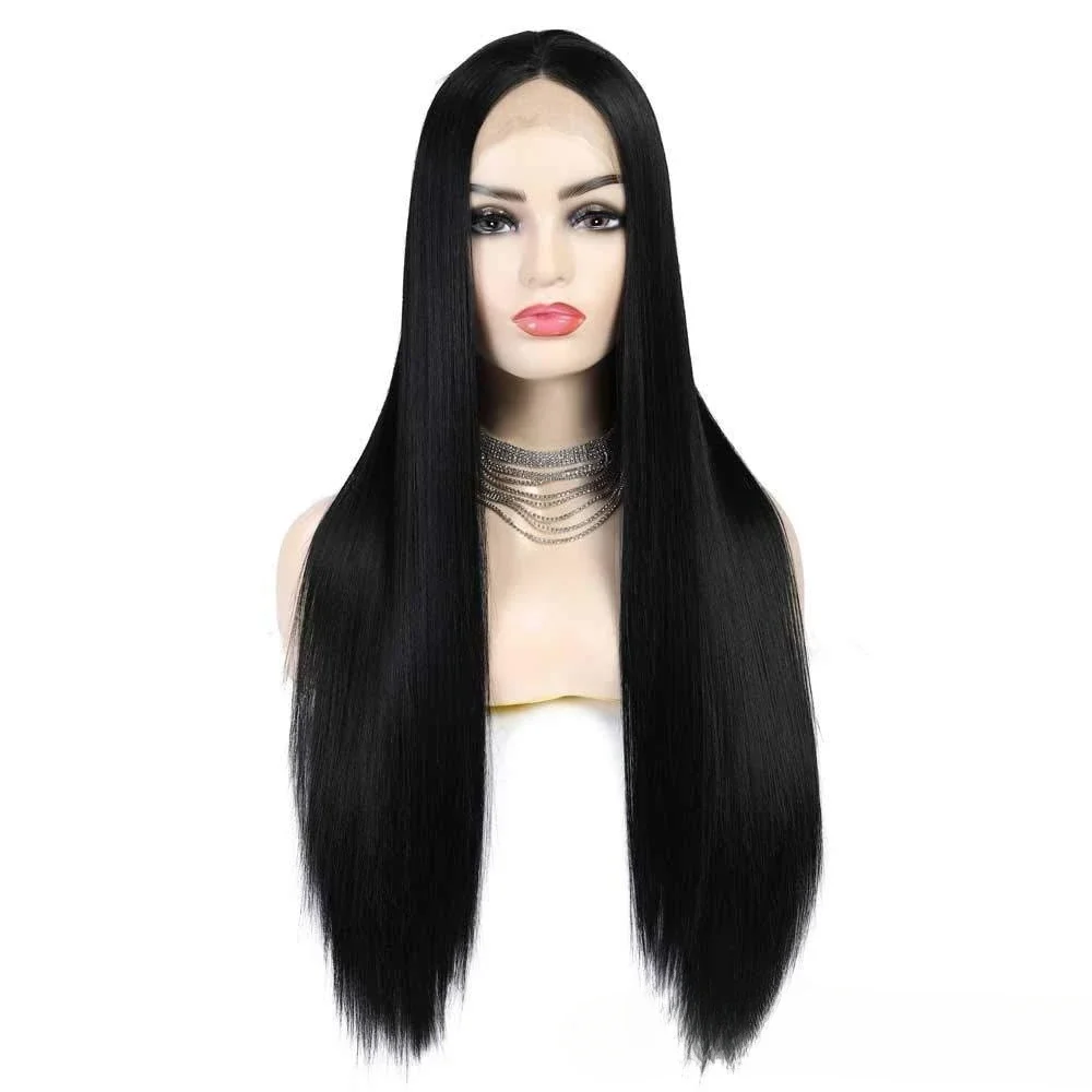 13x4 Lace Front Middle Part Synthetic Long Straight Wig For Women Fashion Natural Black 28 Inch Transparent Lace Wig Daily Use