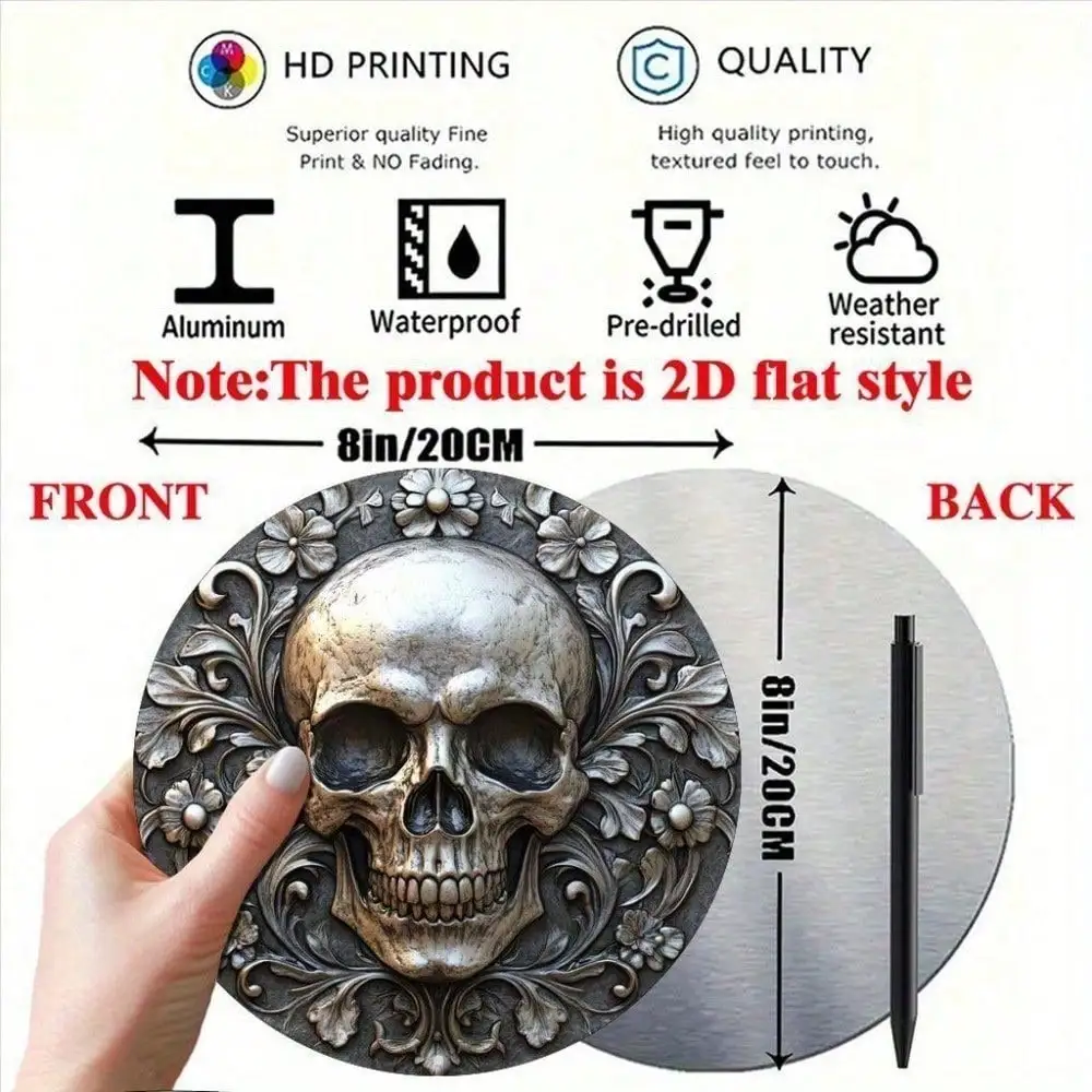 Vintage Metal Wall Decor - 8 Inch Skull Sign with Floral Accents for Halloween Home Decor