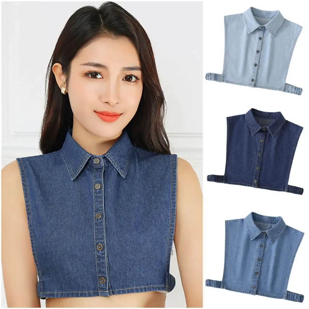 

Blue Denim Fake Collar Innerwear Decoration Cotton False Collar Lapel Buttons Clothes Accessories Detachable Collar Women