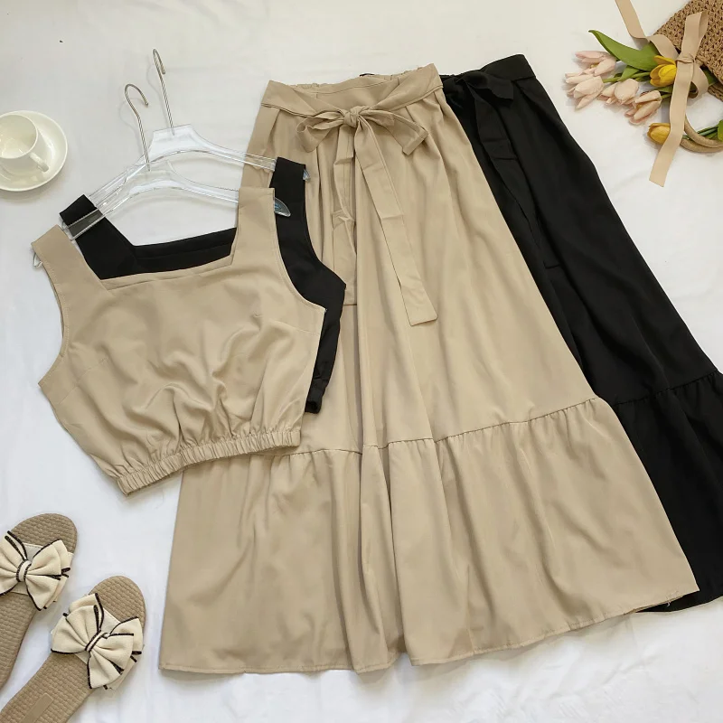 

Ele Square Collar Strap Vest Top High Waist Slimming Belted f Skirt Two-Piece Set Summer Faion Women's Ensemble