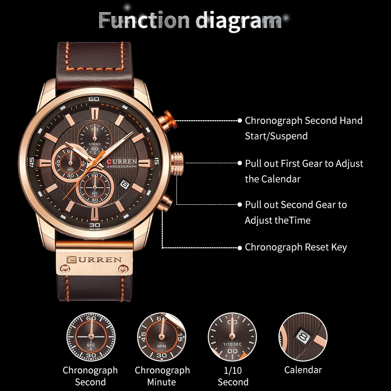 CURREN 8291 Luxury Brand Men's Quartz Watch Leather Strap Calendar Chronograph Sports Waterproof Business Casual Male Watches