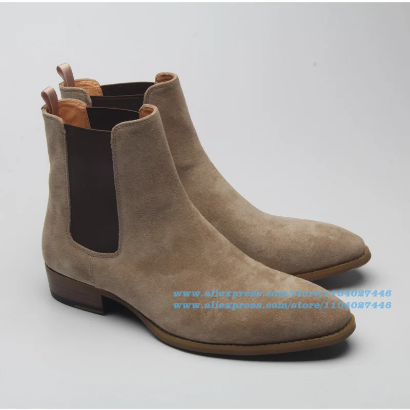 

Elastic Band Chelsea Boots Real Leather Slip On Men Shoes British Style Shoe Brand Heightened Trendy Luxury Handmade Men's Boots