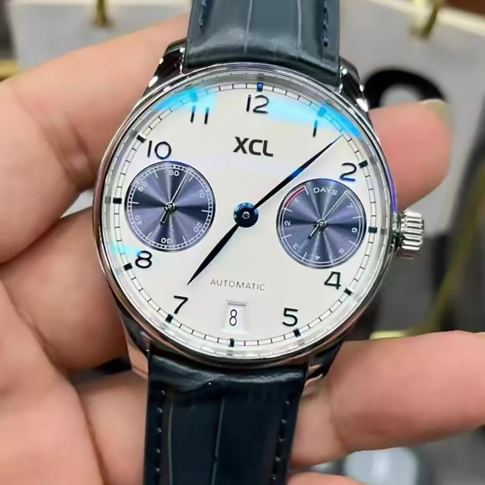 

2025Luxury Men's Automatic Mechanical Watch Stainless Steel Portugal Blue Leather White Dial with Date Mens Watches