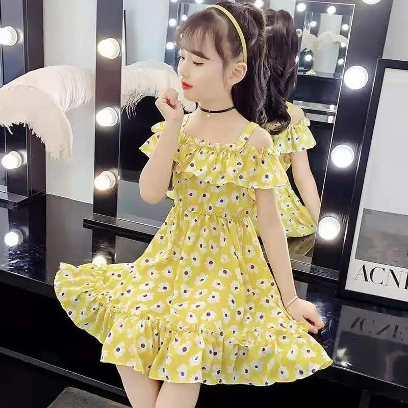 2025 Summer kid strapless Girls Long Teenager suspender square daisy chiffon layered princess slip dress party 4 8 10 12  Years