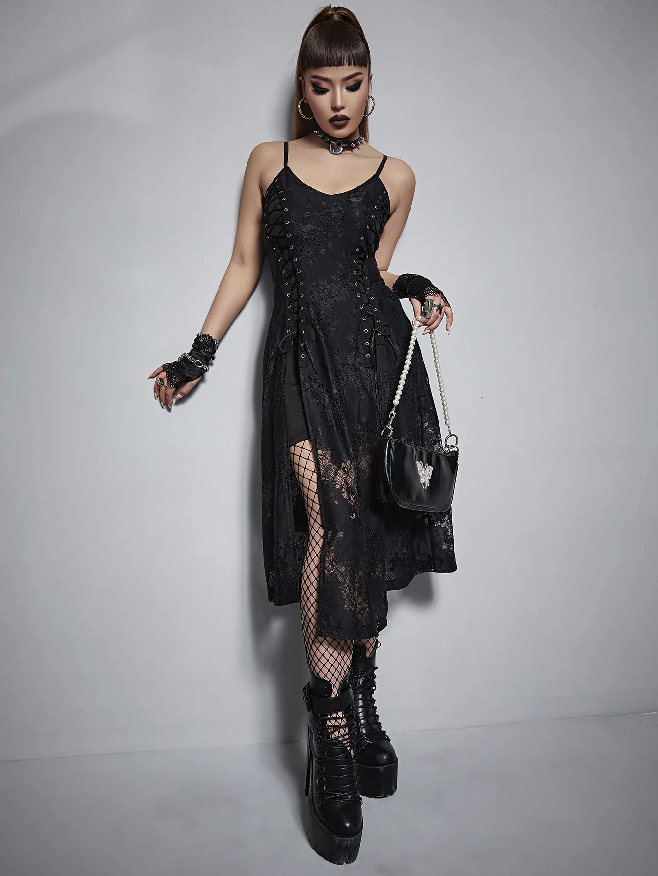 Gothic wind chicken eye ties high open lace double-layered suspenders sexy trendy street camisole long dress