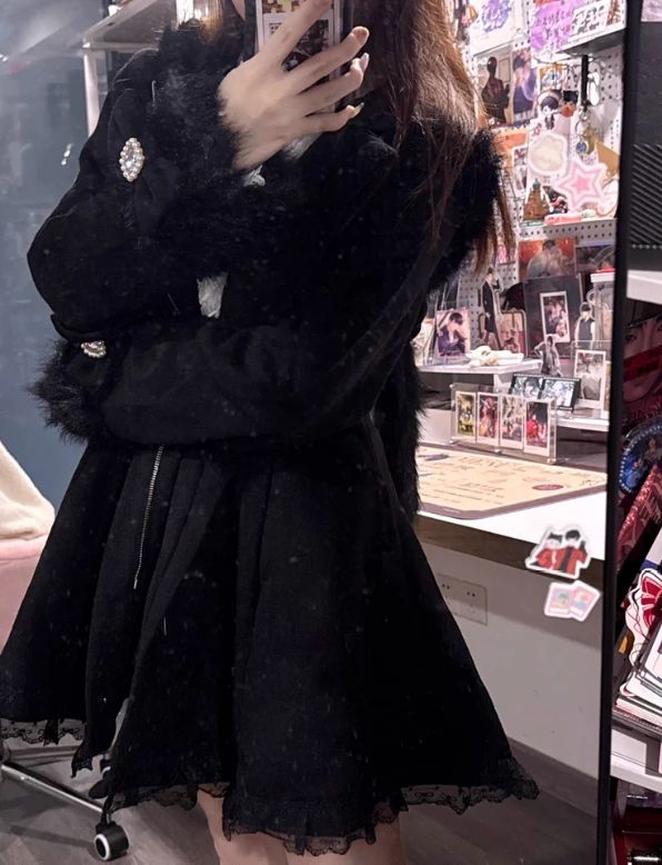 

Japanese Style Autumn Winter Women's Long Coats Detachable Hat Double Layer Thickened Jackets Wool Blend Woolen Coat Femme