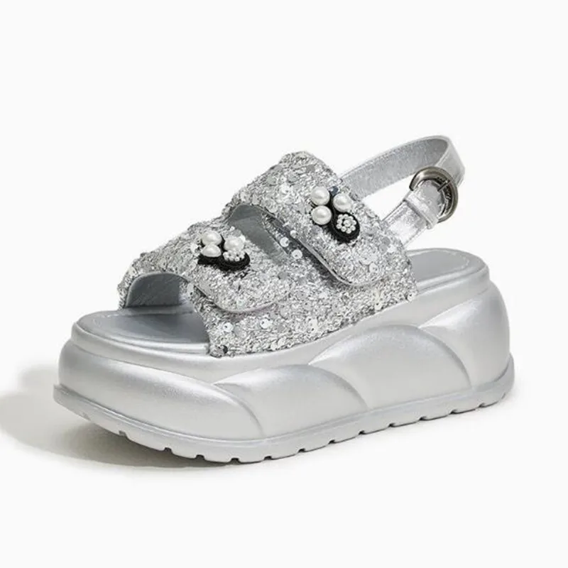 

High Quality Fashion 7.5cm Synthetic Women Casual High Brand Peep Toe Shoes Summer Bling Hollow Slippers Platform Wedge Sandals