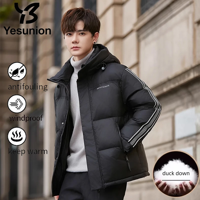 

YESUNION Winter New Mens Puffer Jacket Fashion Thick Men Duck Down Jacket Warm Windproof Waterproof Hooded Overcoats