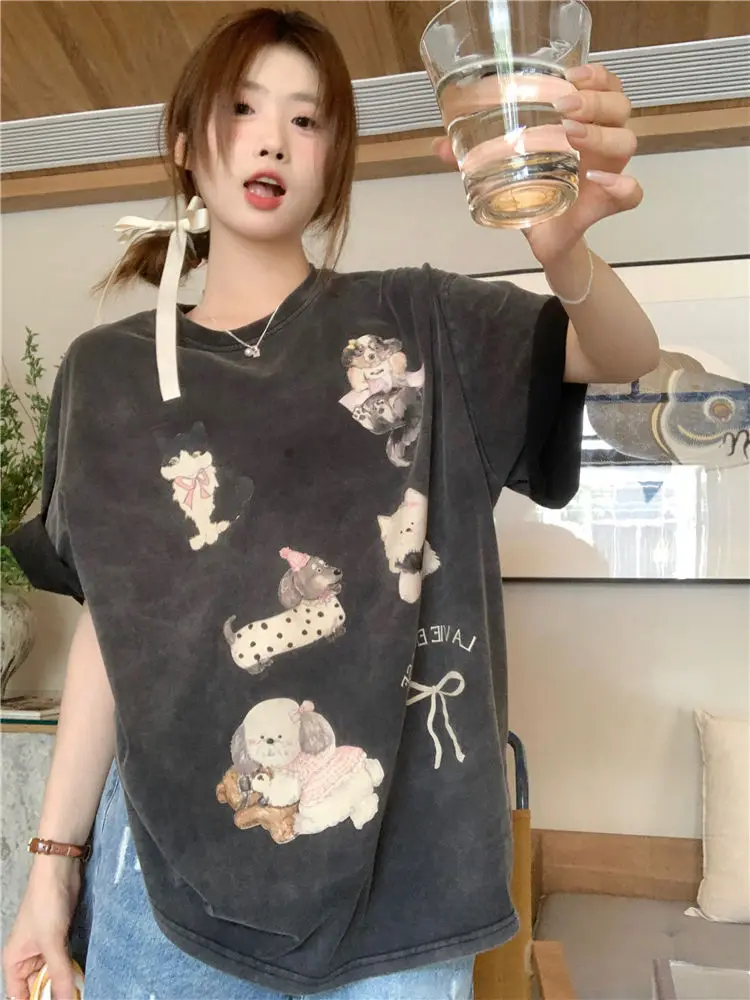 ADAgirl American Retro Kawaii Doggy Print Oversized T-shirts for Women Summer Cutecore Cat Kitty Graphic Tops Short Sleeve Tops