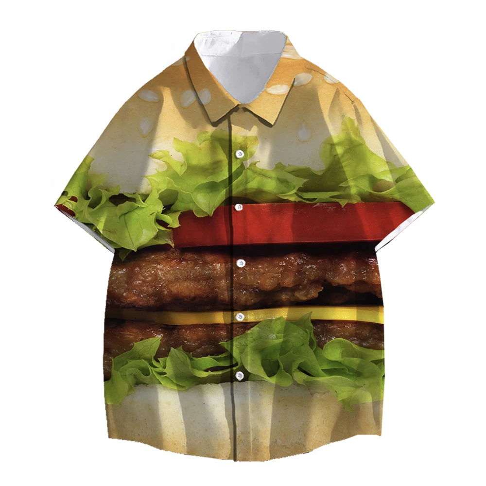 SONSPEE Summer Funny Harajuku Hamburger Graphic 3D Print Shirt Men Women's Fast Food Anime Street Short Sleeve Oversize Blouse