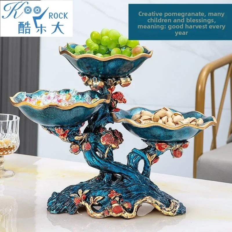Serveur de collation en céramique à plusieurs niveaux de grenade : plateau de fruits et noix garnés d'or - Grand centre de table juif du Nouvel An pour la décoration du salon