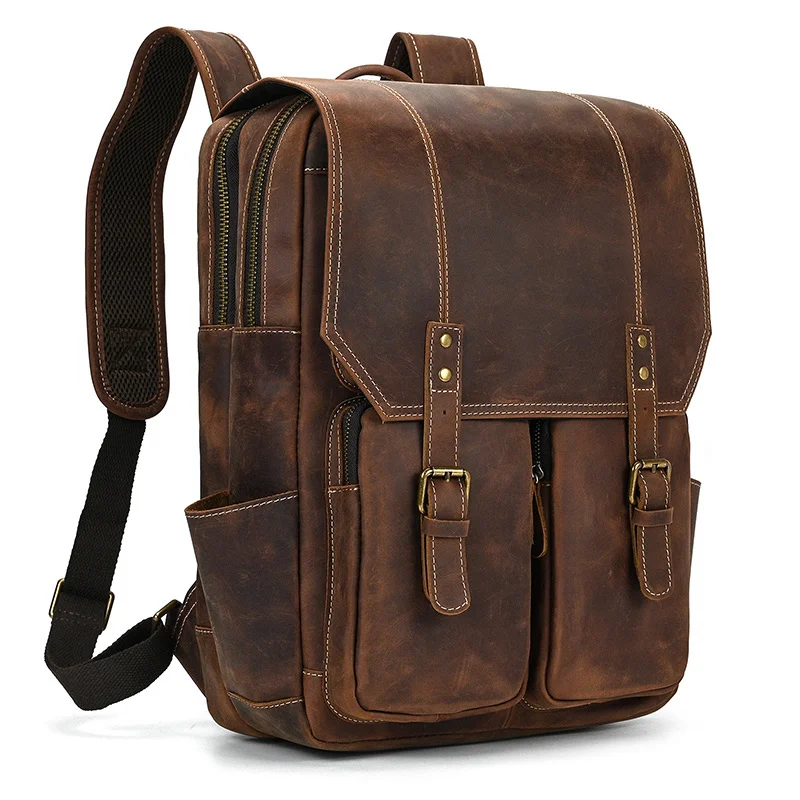 

Crazy Horse Leather Laptop Bagpack Vintage Handmade Double Shoulder Bag For Men Male Backpack Dropshipping