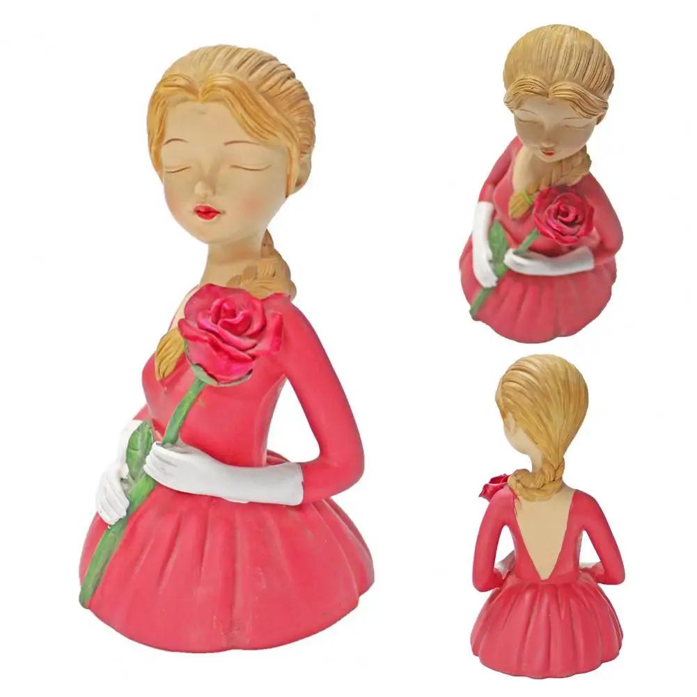 Realistic Style Resin Ornament Handcrafted Resin Girl Figurine with Roses Decorative Flower Statue for Home Office Desk Elegant