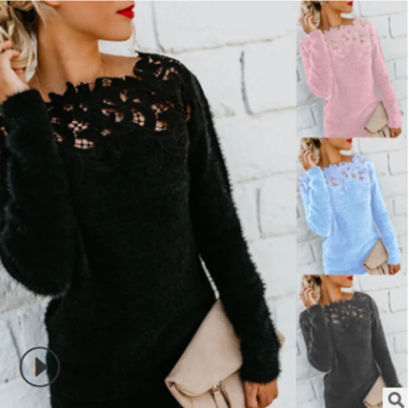 

2023 Women Loose Sweater Solid Color Long Sleeve O Neck Floral Lace Pullover vest Sweater