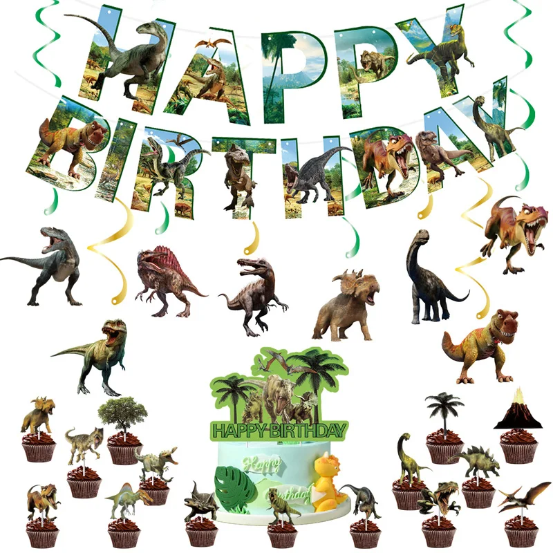 Das Dinosaurier-Geburtstagsparty-Dekorations-Set enthält alles Gute zum Geburtstagsbanner, Dinosaurier-Hängwirbel, Partyzubehör für Zuhause und Schule