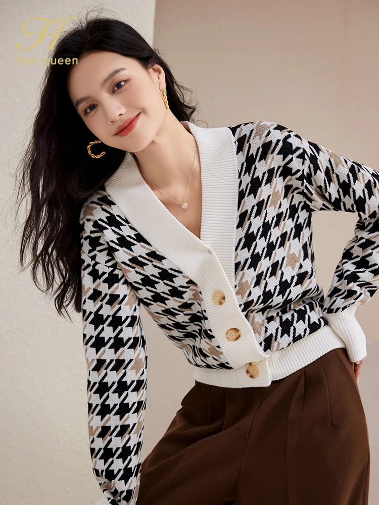 H Han Queen Autumn Winter Knitted Cardigans Sweaters Women Tops Basic Houndstooth V-Neck Chic Knit Long Sleeve Cardigan Jacket