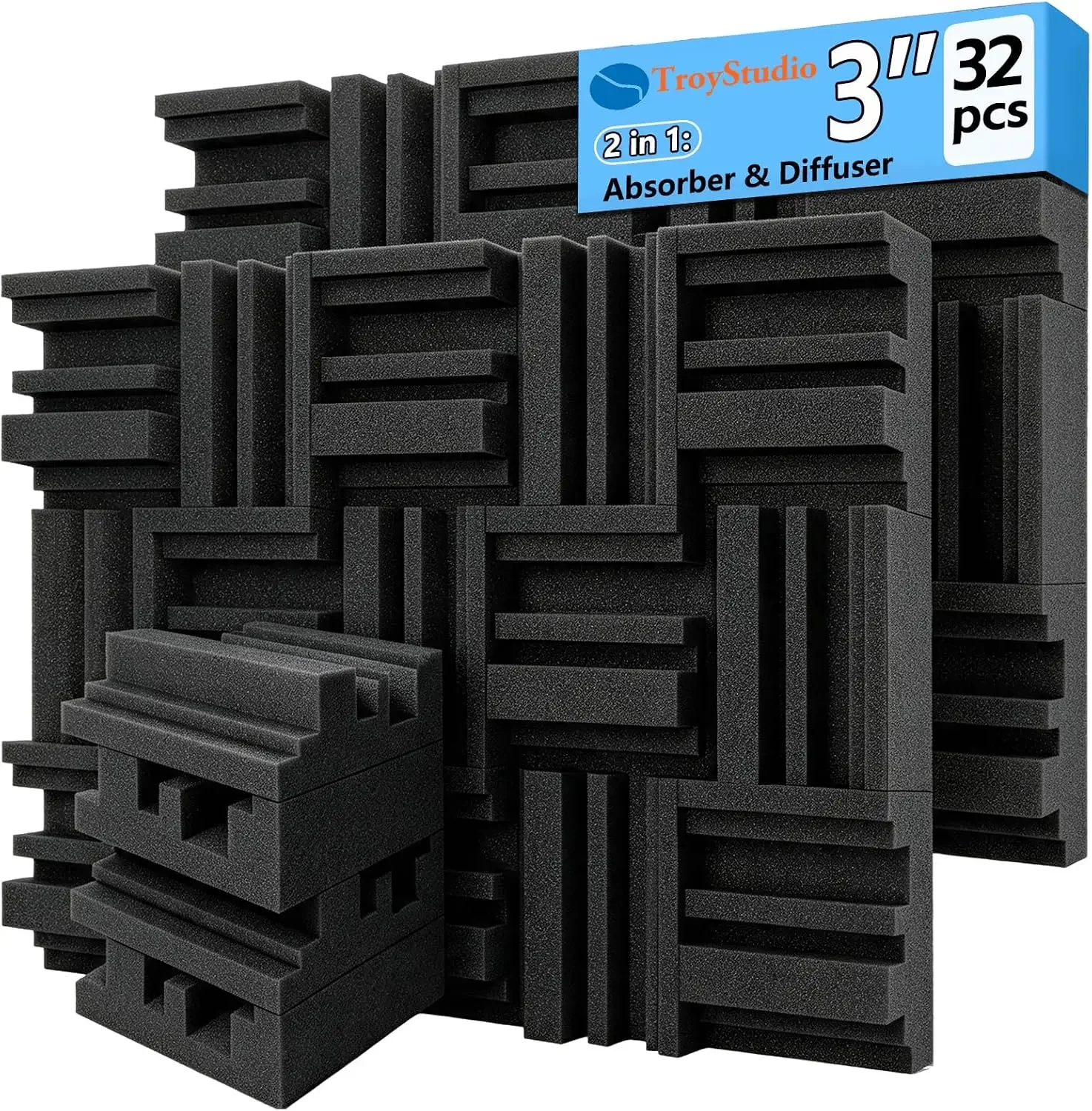 Thickened 12 X 12 X 3 Inch Acoustic Foam Panels in Diffusion Pattern, 32 Pcs High Density Sound Absorbing Foam Diffuser