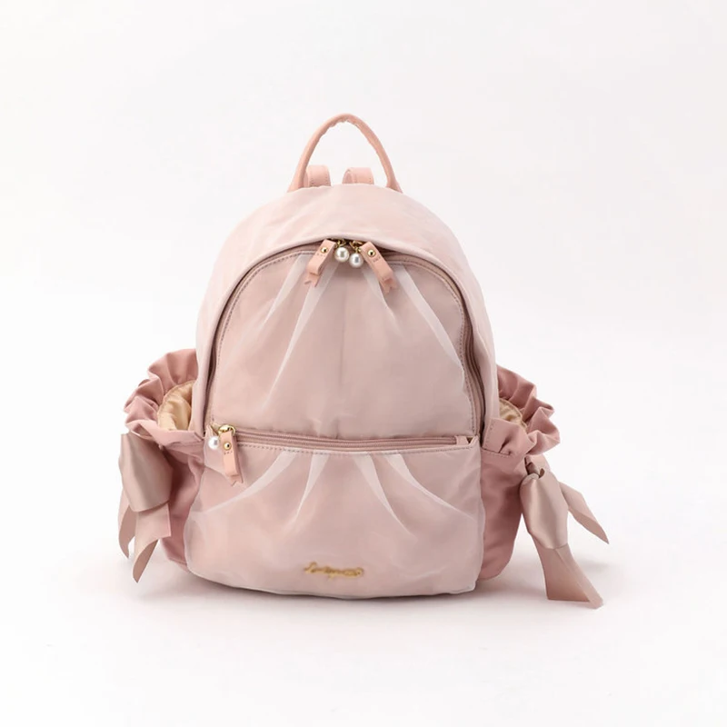 Mochila de malla con lazo para niña, morral escolar suave de estilo japonés, color negro y rosa, novedad