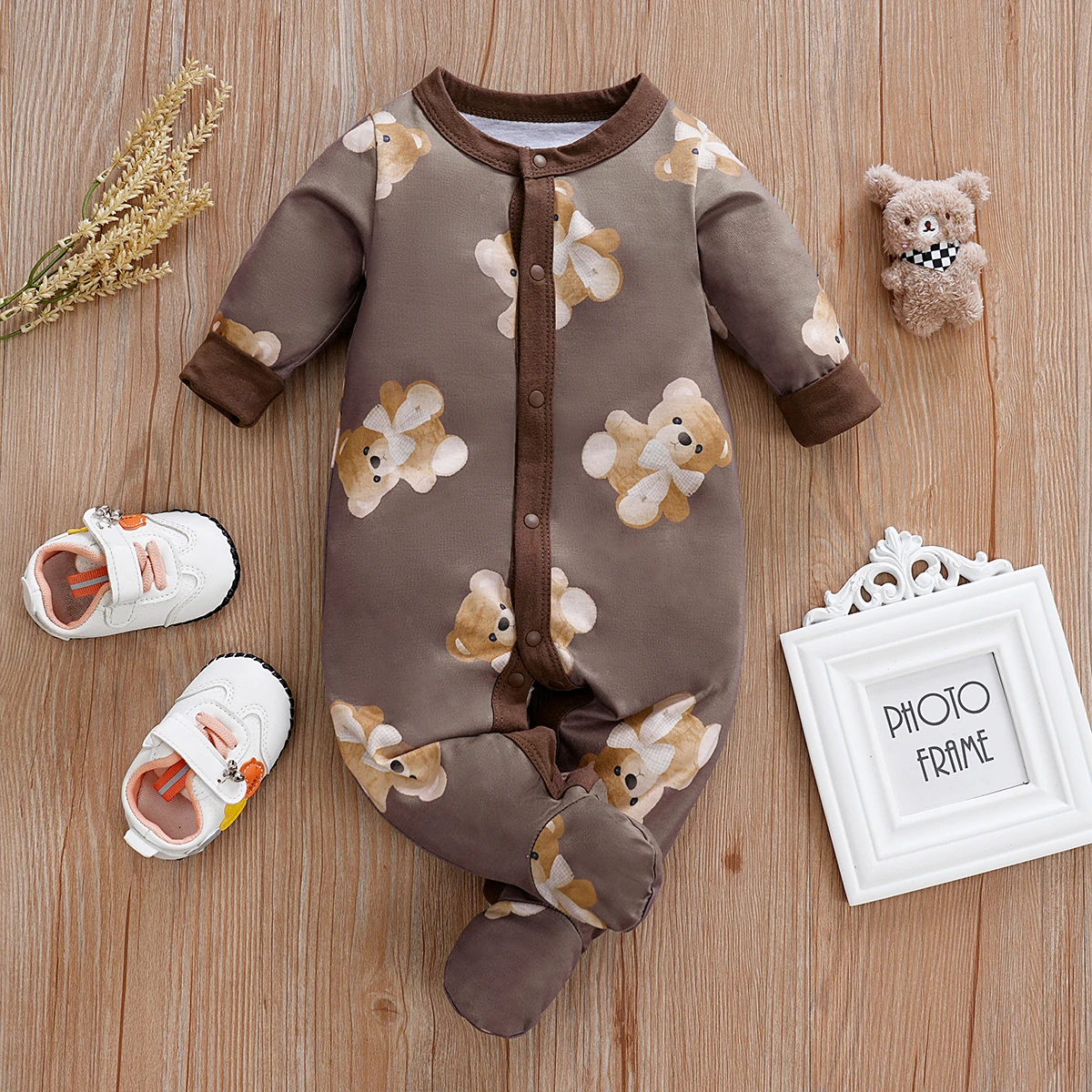 IURNXB Baby Boys Jumpsuit Long Sleeve Footed Newborn Outfit Cute Cartoon Bear Printed Cardigan Infant Romper Spring Autumn 0-18M