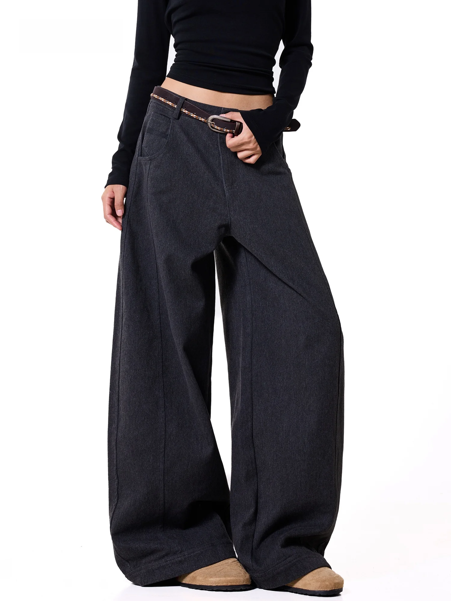 Deep Grey Wide Leg Casual Pants Women's Autumn High Waist Drape Thick Belted Knife  Loose Fit Trousers American Style Denim