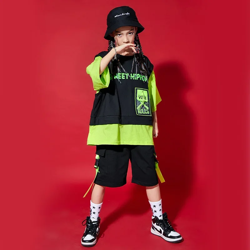 Boys Hip Hop Clothing Fake Two-piece Top Black Short with Fluorescent Ribbon for Girls Kids Jazz Dance Costume Clothes Set