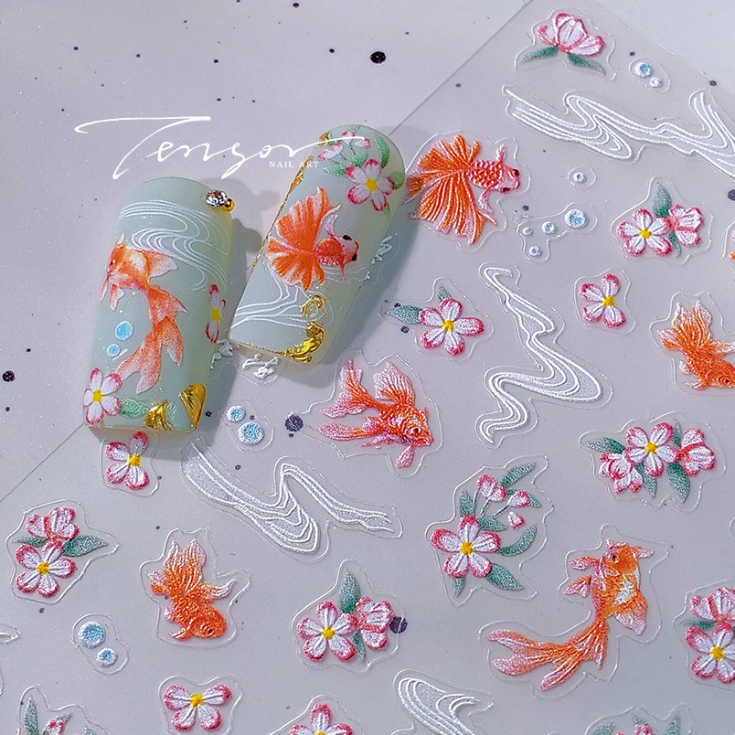 

Chinese Style Goldfish Red Koi Flowers Summer Beach Bubbles Embossed Reliefs Self Adhesive Nail Art Stickers Sea Manicure Decals
