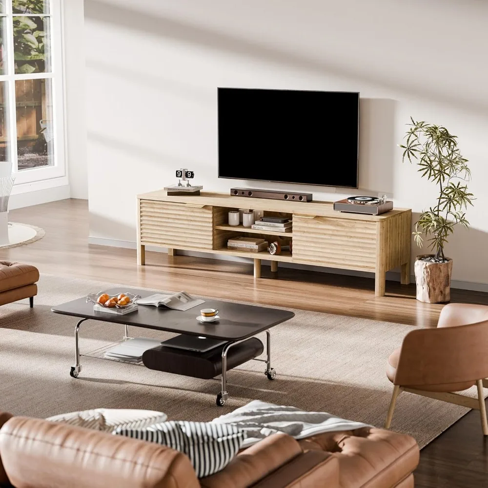 حامل تلفزيون حديث من منتصف القرن لغرفة المعيشة: أرفف تخزين وأرفف قابلة للتعديل لمركز الترفيه لأجهزة التلفاز مقاس 65 بوصة