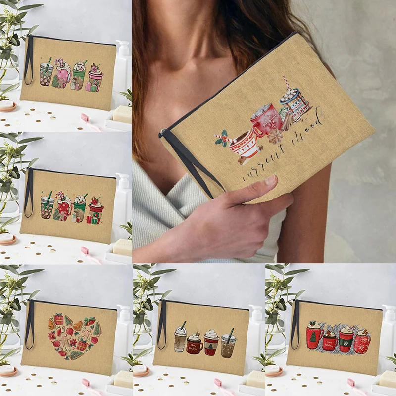 Merry Christmas Linen Storage Supplies Bags Travel Lipstick Bag Xmas Ornament Pouch Toilet Makeup Bolsas for Coffee Enthusiasts