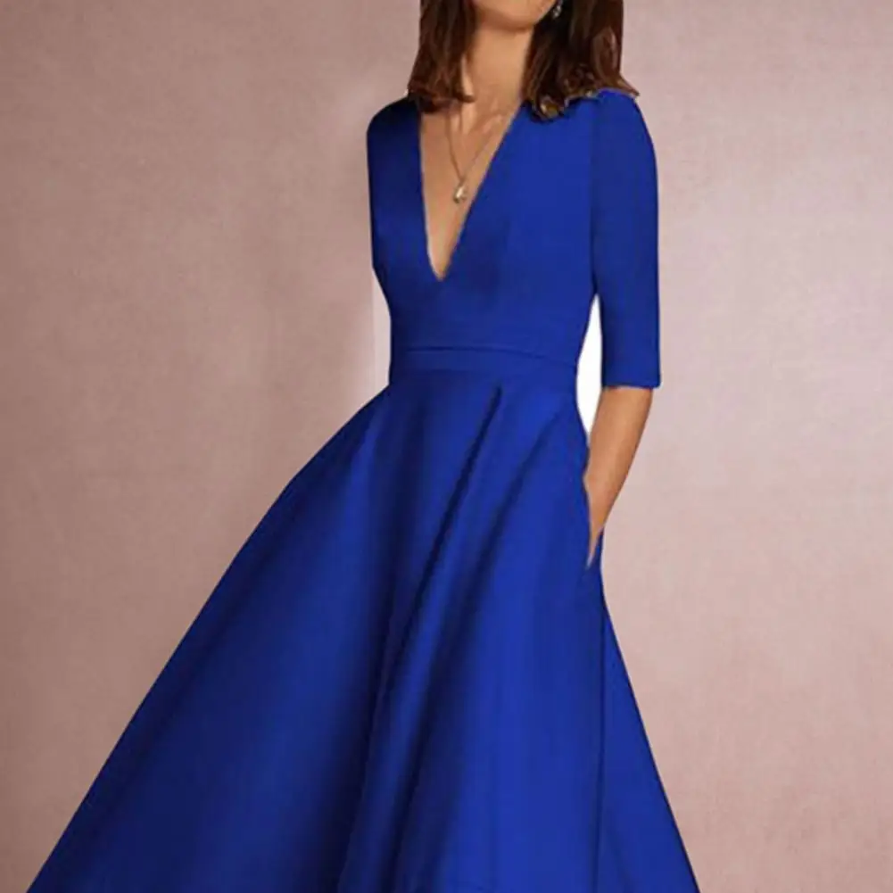 Women Midi Dress Fashion Vacation Party Dresses Half Sleeves Deep V Neck A-line Flowy Hem Dress Pure Color Banquet Evening Dress view 5