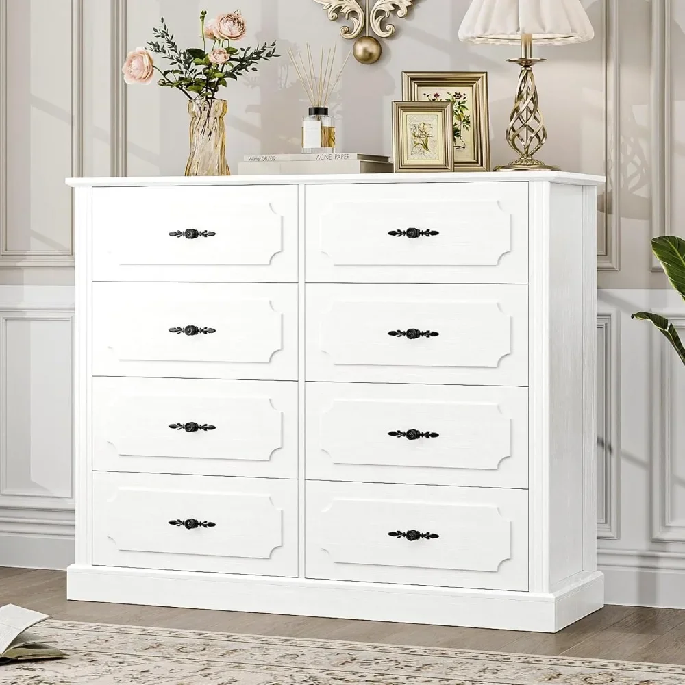 White Dresser Chest of Drawers, 47.2“ Wood Dresser 8 Drawer Dressers with Handles, Modern Dresser Drawers Floor Storage Cabinet