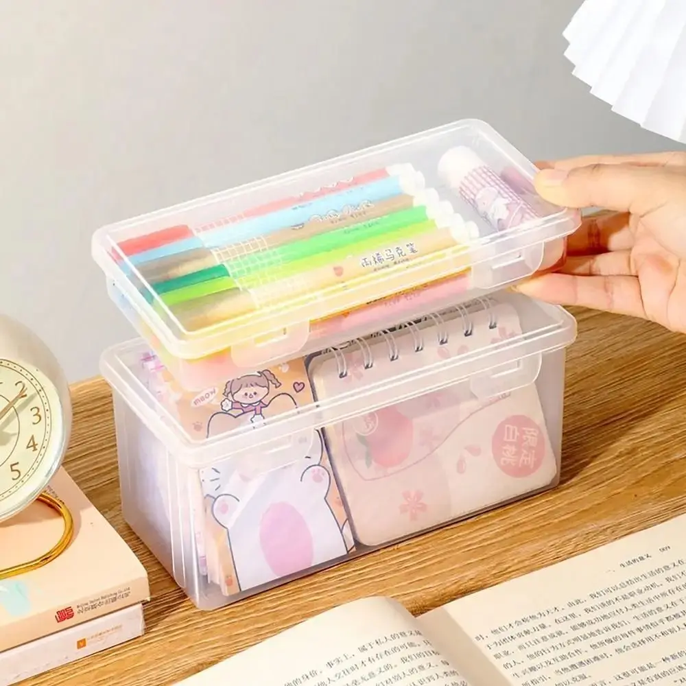 Large Capacity Buckled Pencil Case Transparent Plastic Desktop Storage Box Simple Stackable Stationery Box Organizer