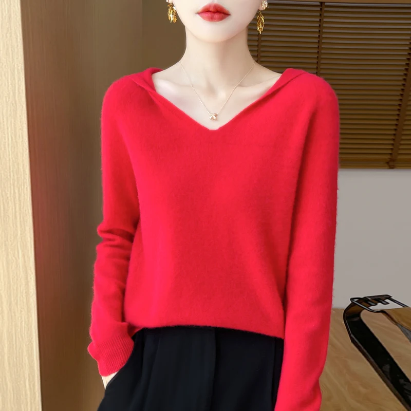 Autumn Winter Women Pullover Hoodies 100% Merino Wool Sweater V-neck Casual Loose Cashmere Knitwear Korean Fashion Female Jumper