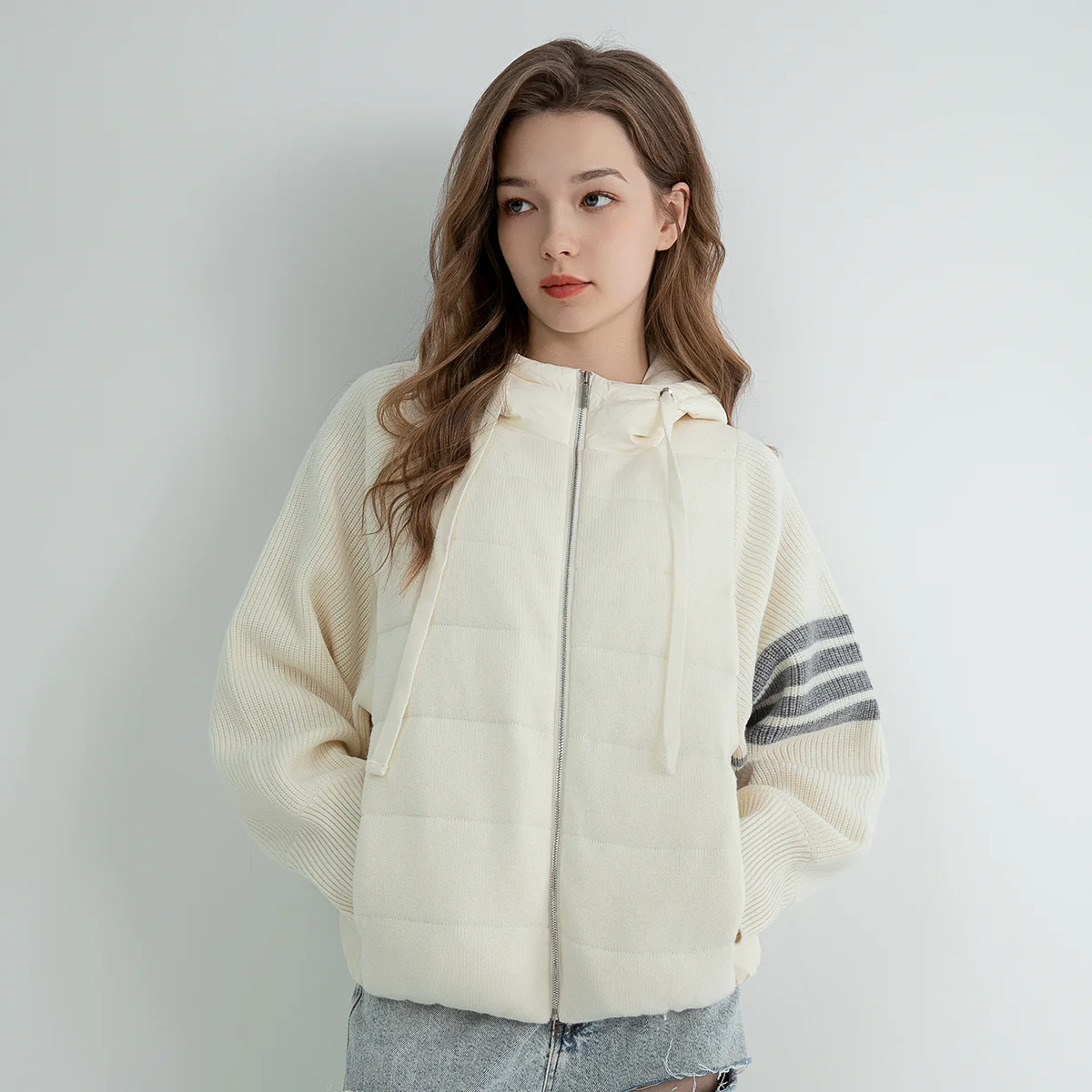 TC624 Hoge kwaliteit luxe dameskleding trendy merk 100% wol patchwork witte ganzendons jas winterjas hoodie