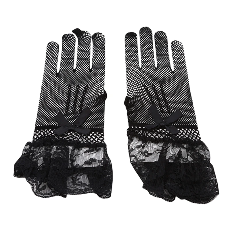 Guantes de malla a prueba de rayos Uv para mujer, manoplas de encaje de dedo completo, moda de verano, blanco y negro