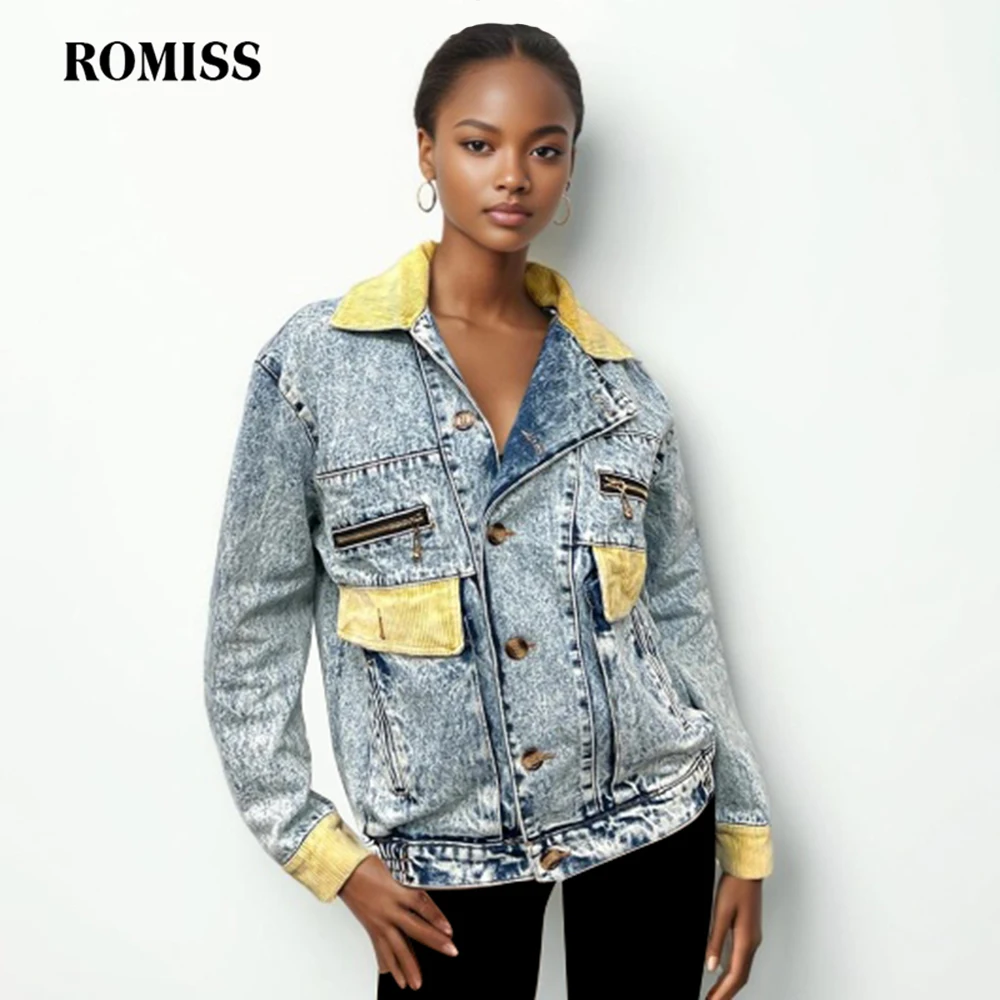 ROMISS Blue Coats For Female Lapel Collar Long Sleeve Loose Patchwork Hit Color Women's Denim Jackets 2024 Autumn Clothes