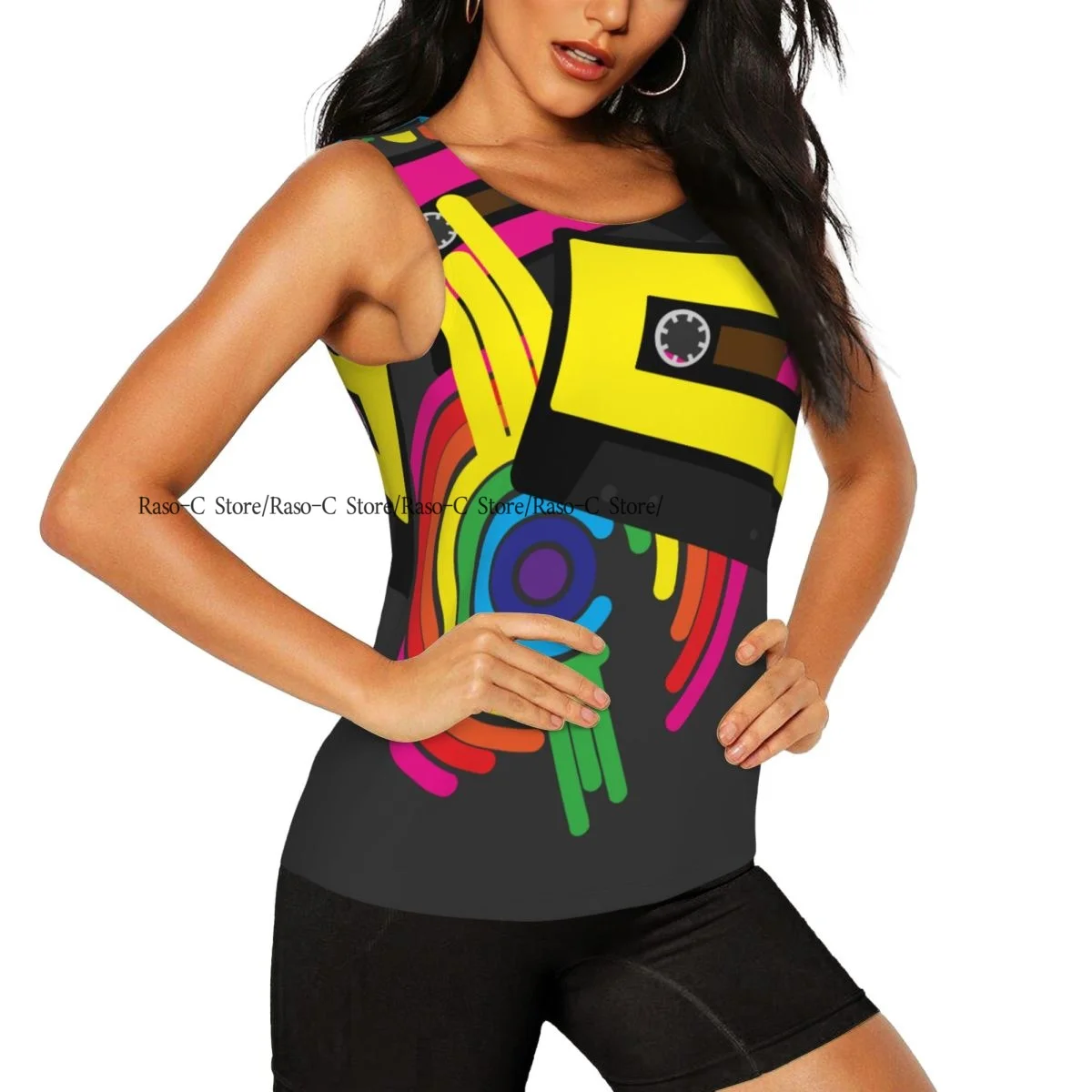 Women Casual Sport Yoga Vest Retro Audio Cassette Tapes Rainbow Quick Dry Running T-shirt Training Workout Gym Sleeveles