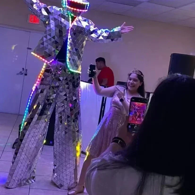 

Mirror Man Suit LED Stilts Walker Gold Stage Show Dress Performance Mask Costume Glass Cosplay Clothing Hand Sewn DJ