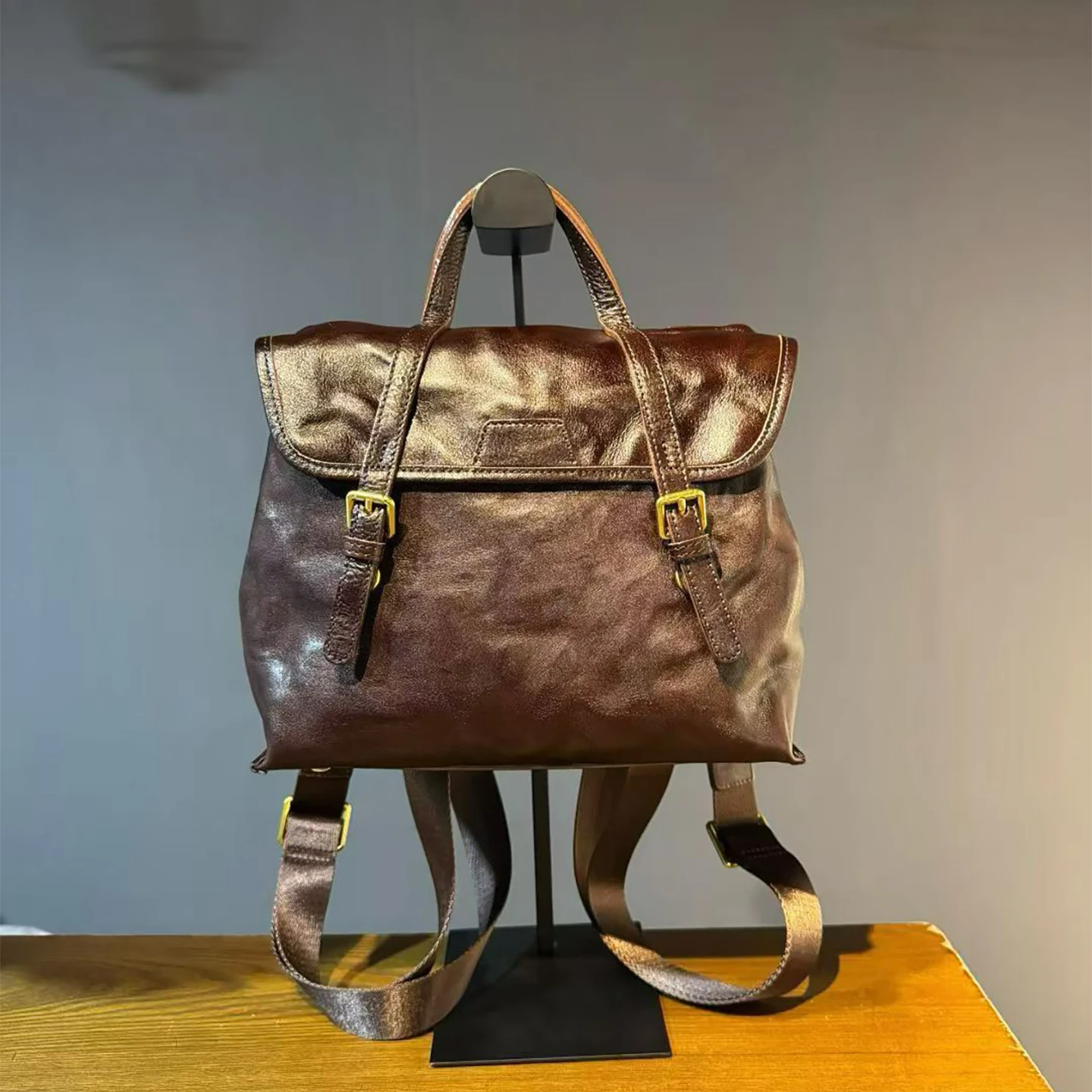 Vintage Mini Genuine Leather Backpack Women Small Shoulder Bag Rucksack Multi-function Handbag Crossbody Bag Daypack Cowhide