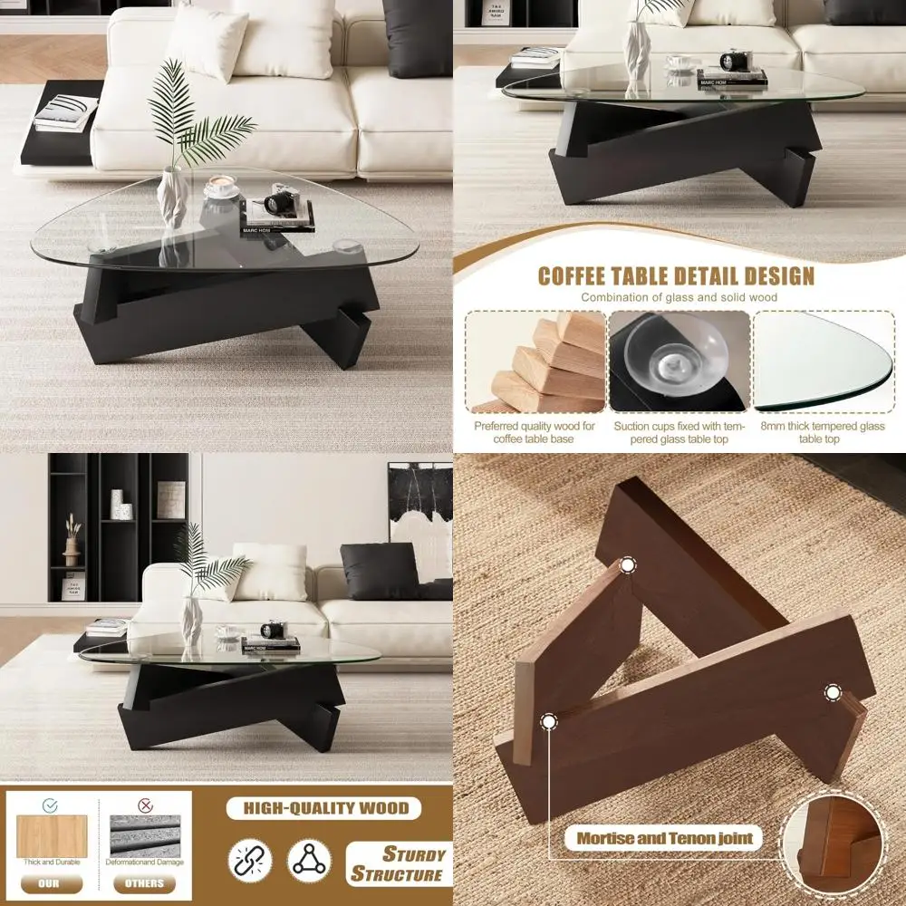 

Mid-Century Modern Triangle Coffee Table with Black Tempered Glass and Natural Wood for Living Room