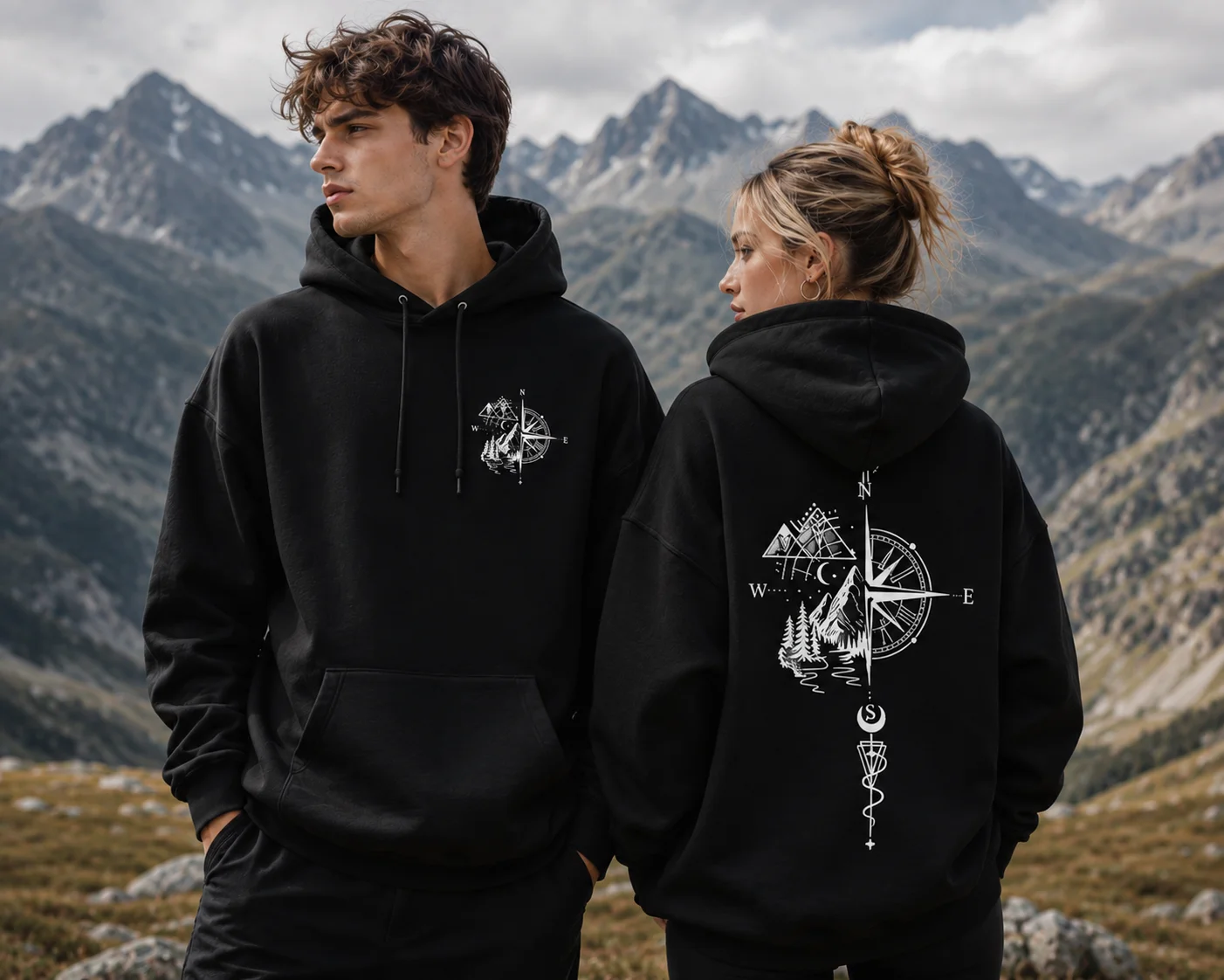 Men Pure Cotton Autumn‑Winter Hoodie, Vintage Compass Print High Quality Long Sleeve Pullover, Daily Casual Sports Sweatshirt
