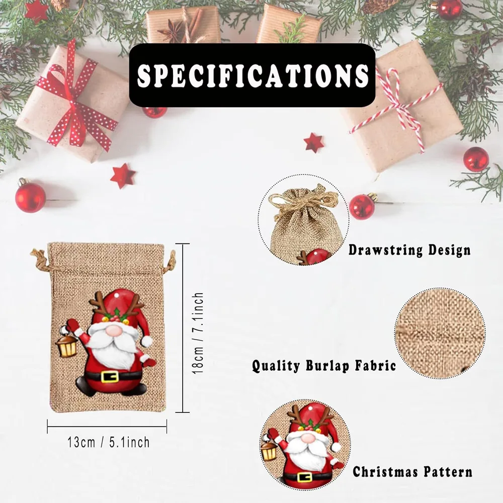 36pcs/lot 10*15, 13*18, 15*20cm Santa Claus Snowman Burlap Linen Drawstring Bags Christmas Party Candy Gift Packaging Pouches