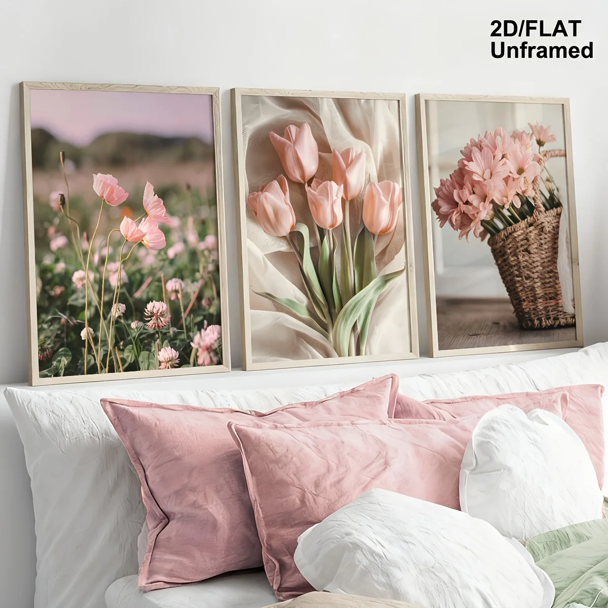 3-teiliges Set Rosa Tulpen Blumenkorb Pflanzen-Leinwanddruck Blumenstrauß Wildblumen Fotografie Wandkunst Poster für Moderne Frühlings-Heimdekoration