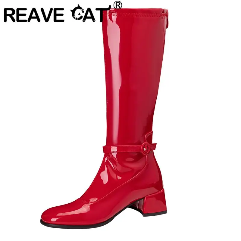 

REAVE CAT 2025 Роскошные глянцевые женские сапоги до середины икры с круглым носком на блочном каблуке 4,5 см с застежкой-молнией на поясе Большие размеры 44 45 46 Ежедневно